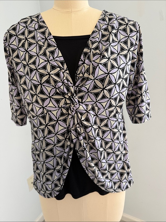 George Tops - George Knot-Front Geometric Print Top - Black & Lavender XL